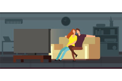 Young couple watching tv on sofa in modern living room vector illustra