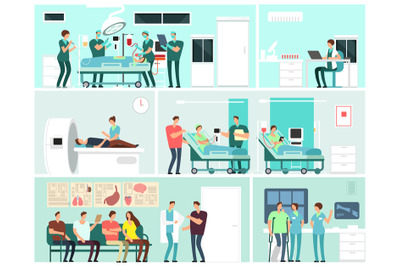 Hospital interiors with patients, doctors, nurse and medical equipment