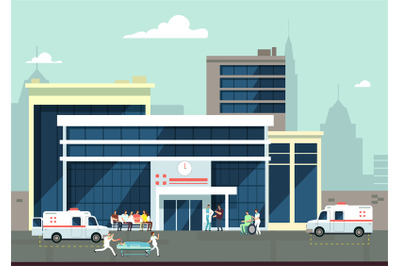 Accident and emergency hospital exterior with doctors and patients. Me