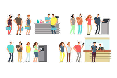 Queues of people vector set. Man and woman standing in line at atm, te