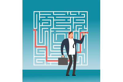 Businessman drawing right path to success in complex maze, labyrinth.