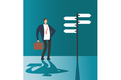 Confused businessman thinking and making choice at road sign. Business