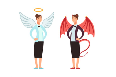 Businesswoman in angel and devil suit. Good and bad woman vector carto