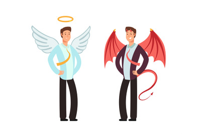 Businessman in angel and demon suit. Vector characters for good and ba