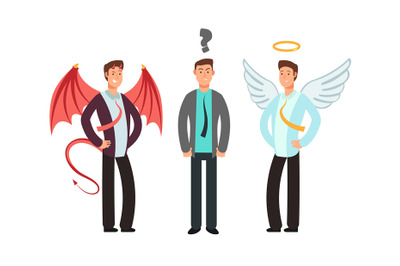 Confused businessman with angel and devil over shoulders. Choose vecto