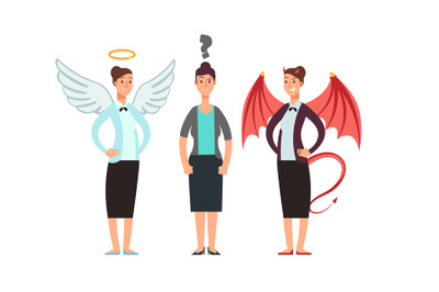 Confused woman with angel and devil over shoulders. Business ethics ve