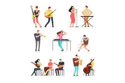 People performing music. Musicians with musical instruments. Vector ca