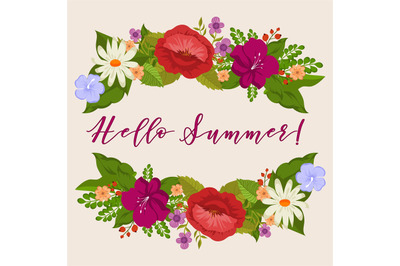 Hello summer background with cartoon flowers