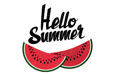 Hello summer sign and bright watermelon isolated on white background