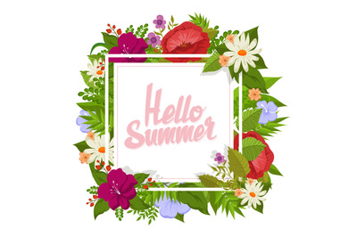 Vector background with cartoon flowers. Hello summer floral design for