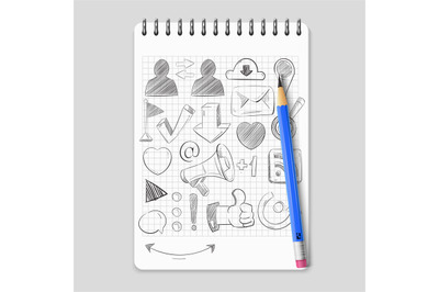 Hand drawn social media network icons on realistic notebook