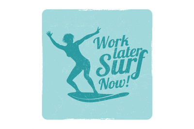 Grunge summer surfing sports vector logo with girl surfer