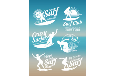 White creative summer surfing sports vector logos collection with surf