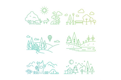 Nature landscape icons with tree, plants, mountains, river