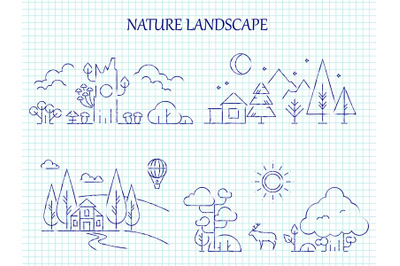 Hand drawn nature landscape line set