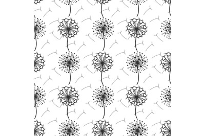 Monochrome dandelion flowers and seeds seamless pattern