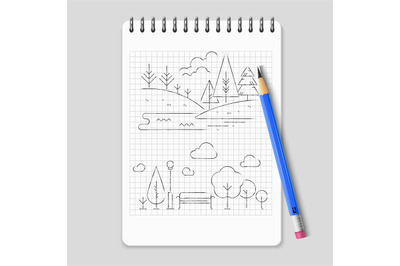 Pencil drawing nature landscape outline vector