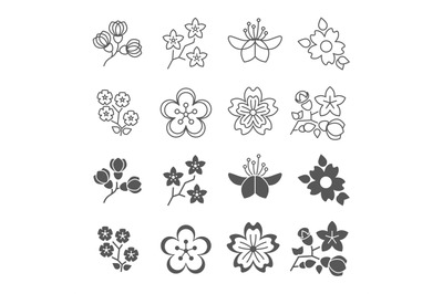 Spring blossom flowers line and silhouette icons set