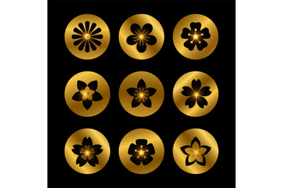 Stylish golden icons with flowers silhouettes