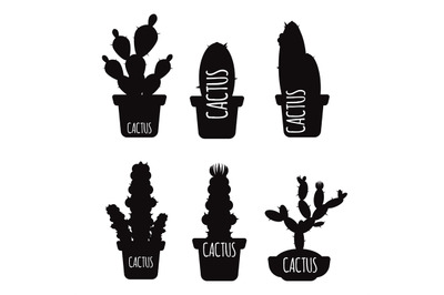 Black cactus silhouettes isolated on white background