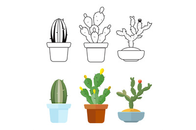 Cartoon and outline cactus set icons