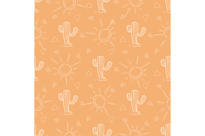 Chalk hand drawn cactus and sun seamless pattern