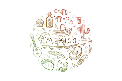 Hand drawn mexican symbols - sketch mexico logo