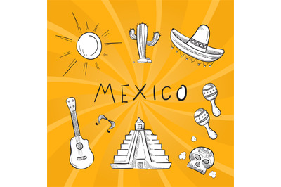 Hand drawn mexico symbol stickers set