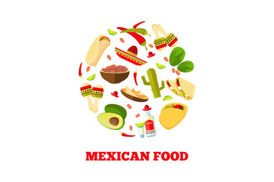 Mexican cuisine cartoon vegetables, food and drinks