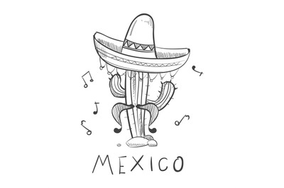 Mexico sketch cactus in sombrero - hand drawn mexican