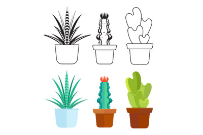 Popular succulents line and cartoon set - home cactus icons