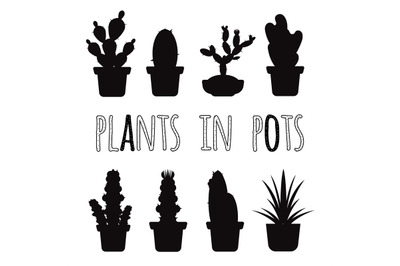 Vector home plants in pots black silhouettes set