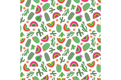 Bright mexican style seamless pattern with cactus flowers