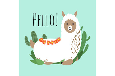 Cartoon lama vector design - hello card with cute alpaca and cactus