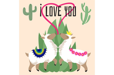 Cute cartoon alpaca in love - mexican lama card