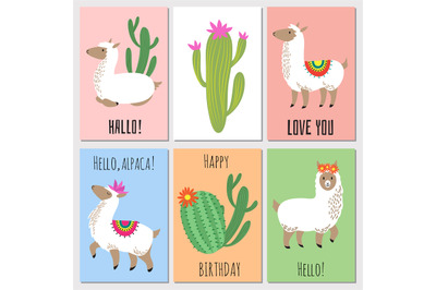 Cute mexican alpaca kids vector invitation cards