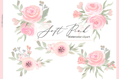 Soft pink watecolor flowers clip art.