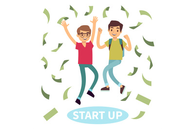 Happy successful students in money rain. Start up concept