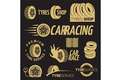 Automobile rubber tire shop, car wheel, racing vector logos and labels