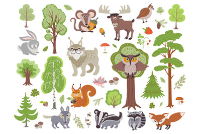 Big set of wild forest animals birds and trees. Cartoon forest isolate