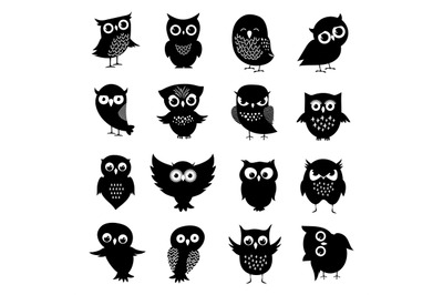 Black and white owl silhouettes set