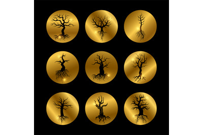 Black trees silhouette icons set with shiny golden elements