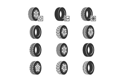 Car tires, wheel disk auto service vector icons