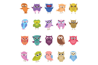 Cartoon cute owls set. Funny and angry birds collection