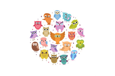 Cute owls round banner. Cartoon funny forest birds set