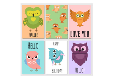 Kids cards with cute cartoon owl