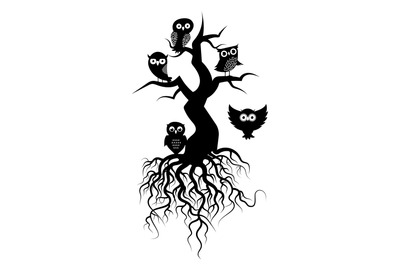 Old tree vector silhouettes with roots and owls