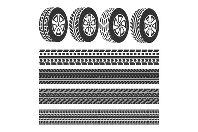 Tire shop, tire tracks set vector