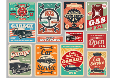 Vintage road vehicle repair service, gas station, car garage vector si