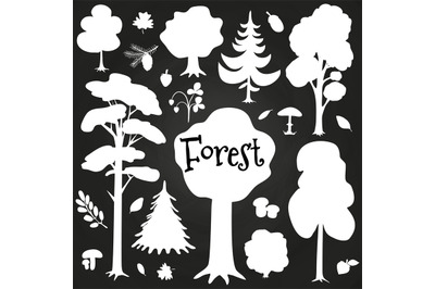 White forest elements on chalkboard. Tree, bushes, branches elements